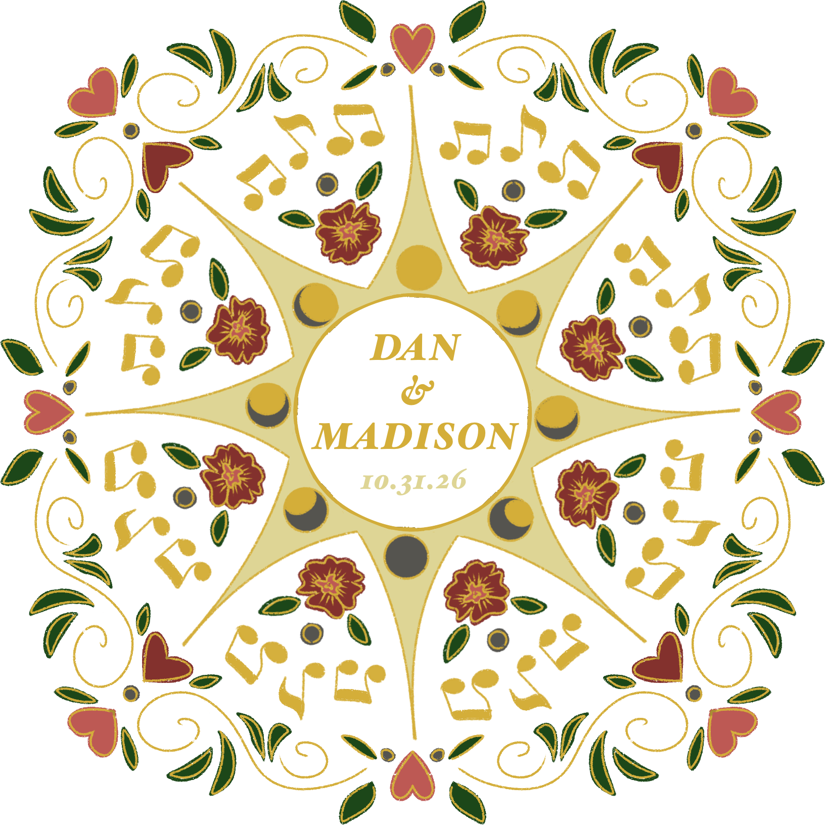 Dan & Madison, October 31, 2026. Monogram with music notes and botanical border.